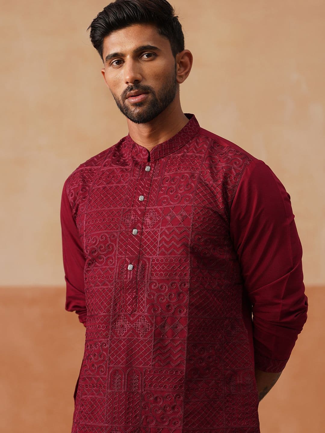 Jompers Geometric Embroidered Mandarin Collar Thread Work Cotton Silk Straight Kurta - view 1