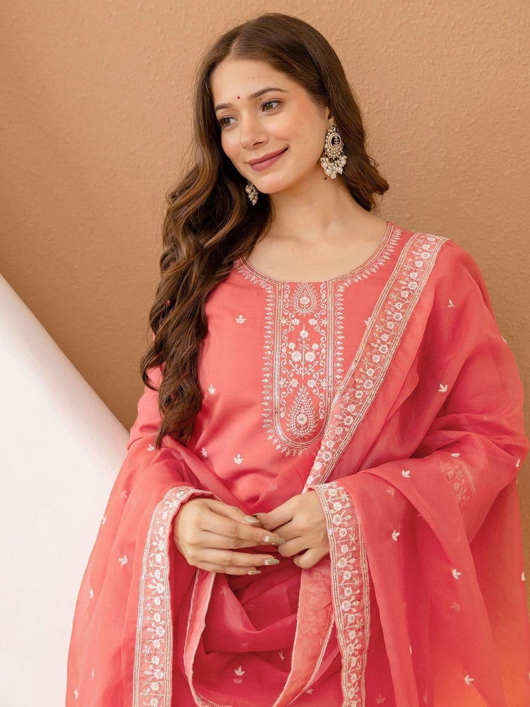SANISA Floral Embroidered Round Neck Straight Sequinned Kurta With Trousers & Dupatta - view 1