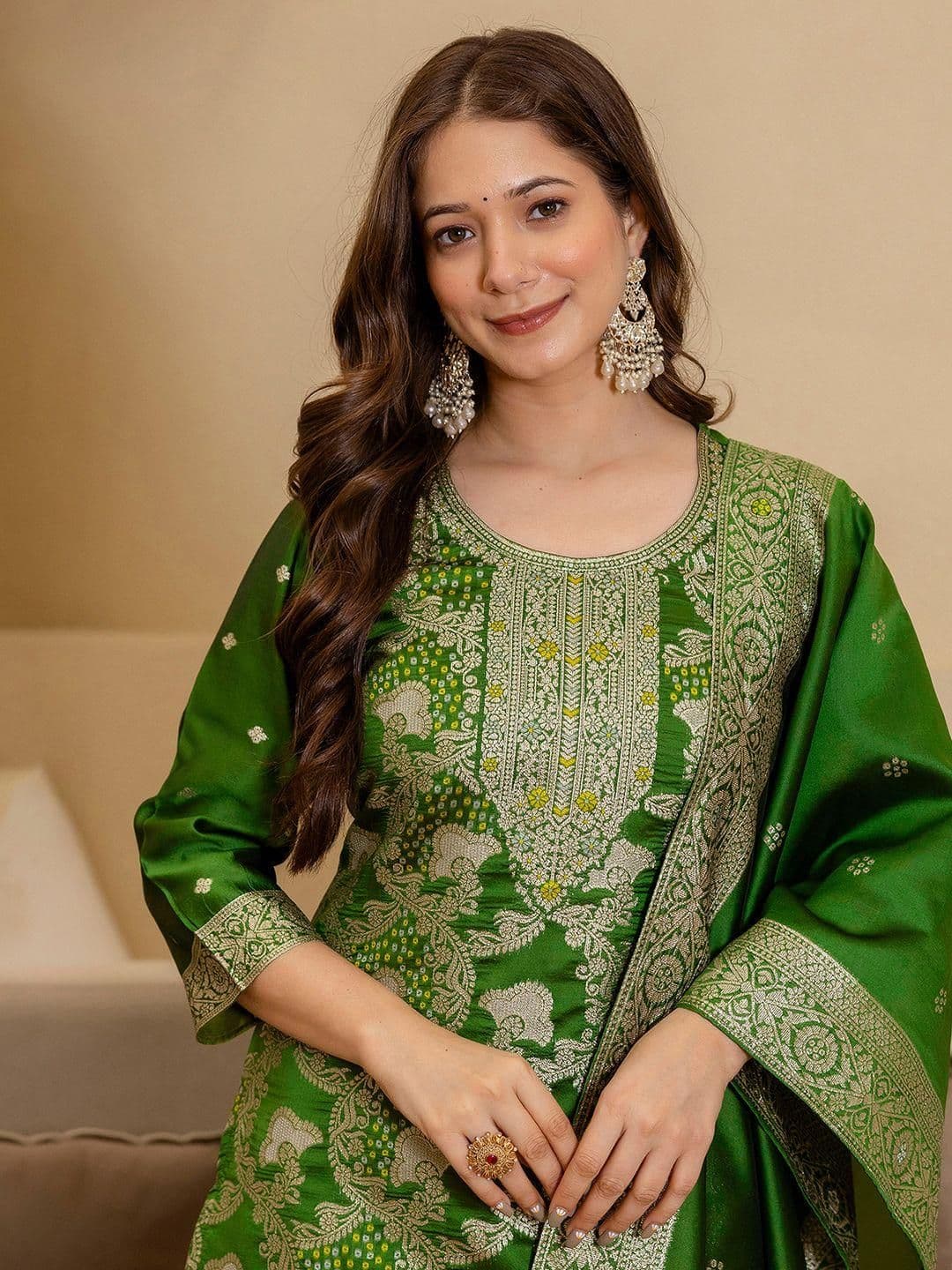 SKYLEE Women Ethnic Motifs Woven Design Regular Zari Kurta with Trousers & Dupatta - view 1