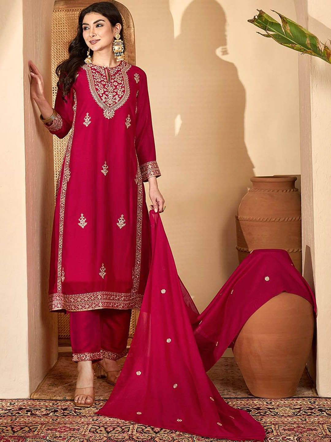 Sangria Floral Embroidered Keyhole Neck Straight Kurta & Trousers With Dupatta - view 1