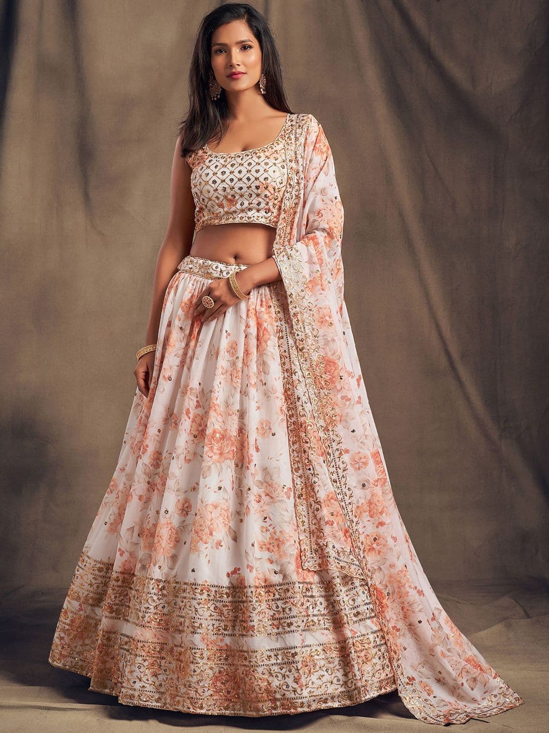 ETHNIC PLUS White Embroidered Organza Semi-Stitched Lehenga & Unstitched Blouse With Dupatta - view 1