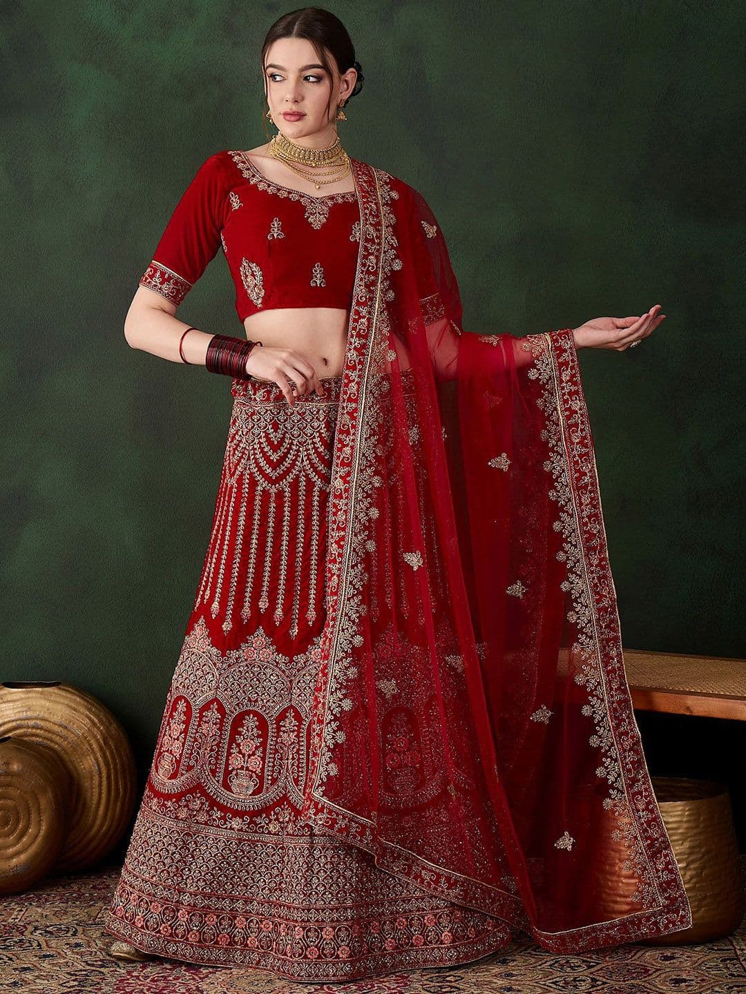 HERE&NOW Embroidered Semi-Stitched Lehenga & Unstitched Blouse With Dupatta - view 1