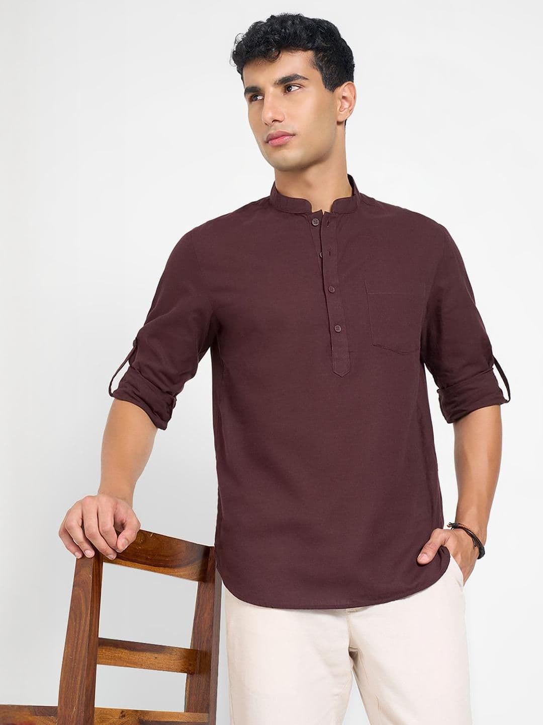 indus route by Pantaloons Mandarin Collar Roll-Up Sleeves Pure Cotton Straight Kurta - view 1