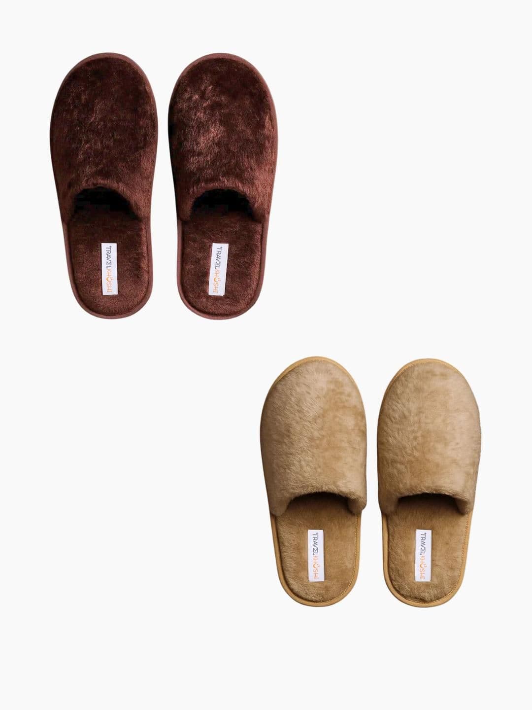 TRAVELKHUSHI Unisex Combo Brown & Offwhite Slip-On Soft Fur Home Slippers - view 1