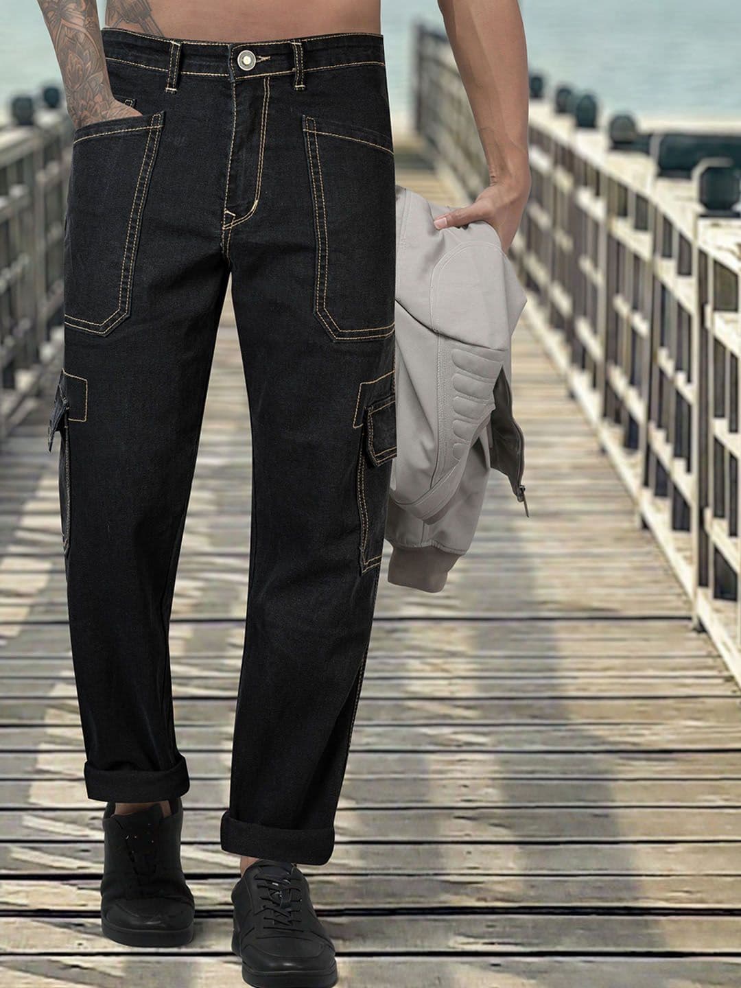 RIG BONE Men Loose Relaxed Fit Mid-Rise Light Fade Stretchable Cargo Styles Jeans - view 1