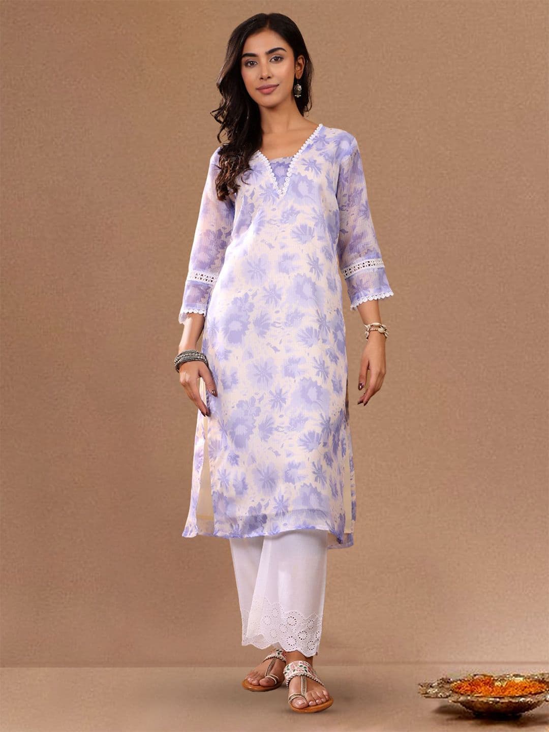 Varanga Floral Printed V-Neck Cotton Straight Kurta - view 1