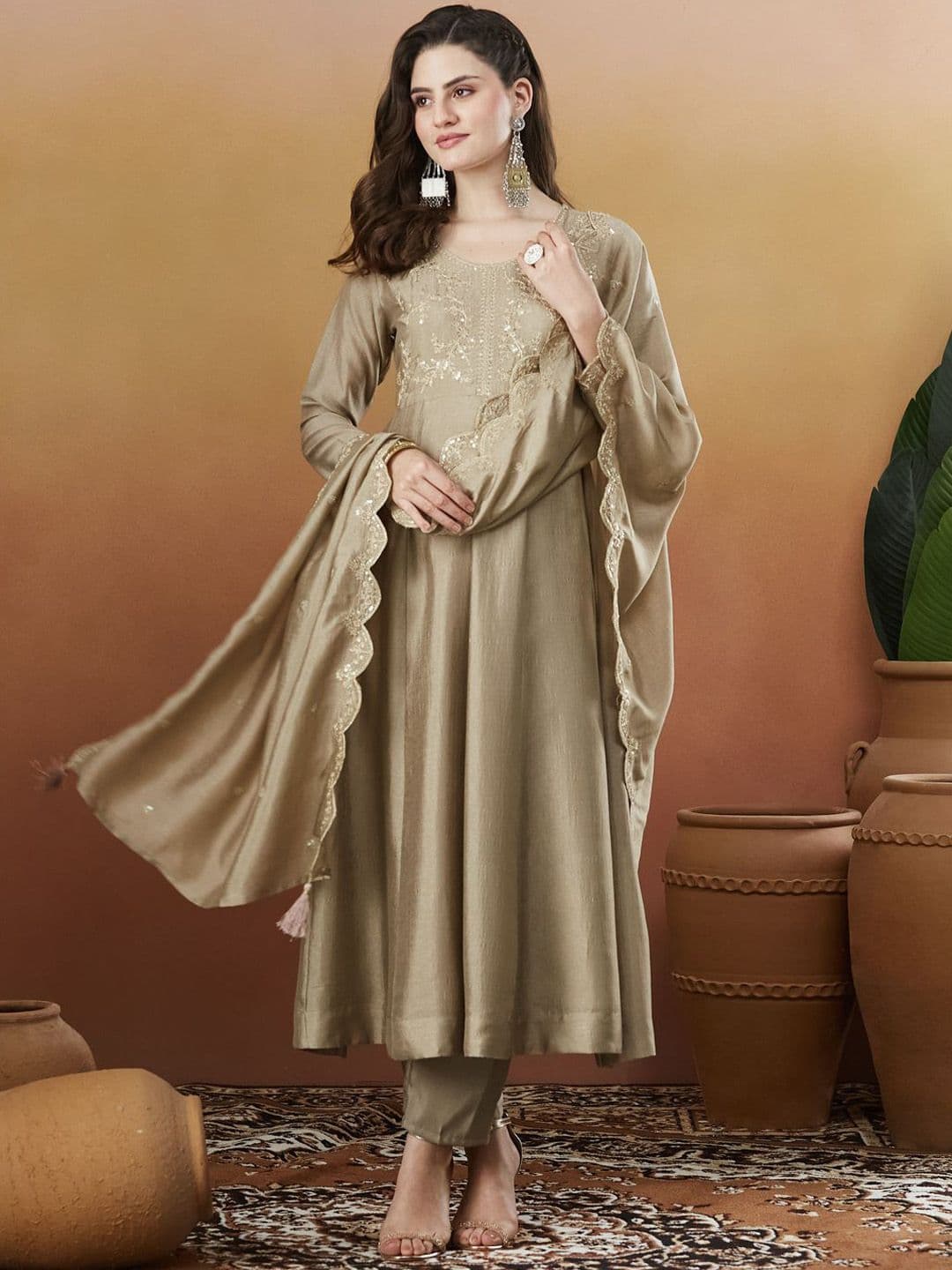 Colors of Earth Colors of Earth Silk Embroidered Anarkali Kurta And Pant With Dupatta - view 1