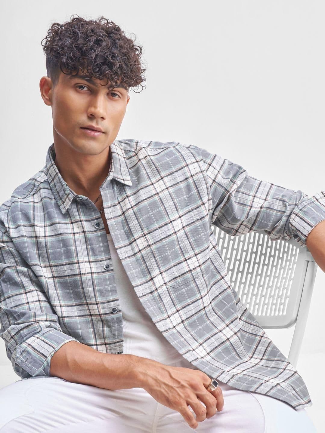 HIGHLANDER Relaxed Fit Checked Cutaway Collar Cotton Dobby Casual Shirt - view 1