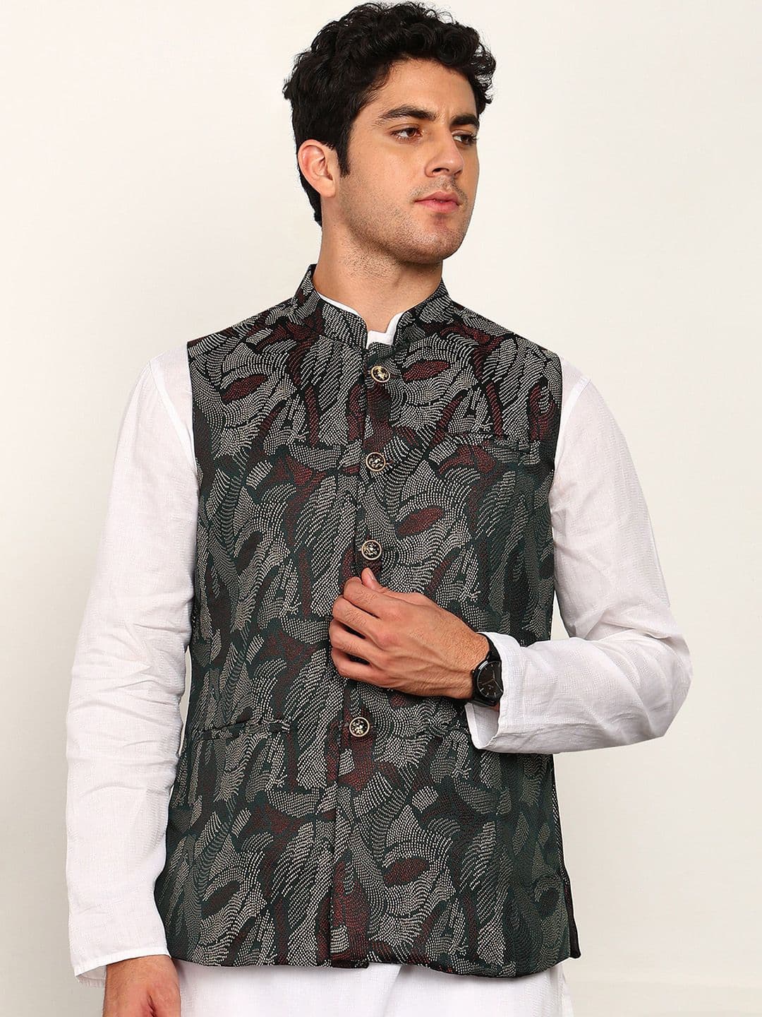 House of Pataudi Woven Design Mandarin Collar Nehru Jacket - view 1