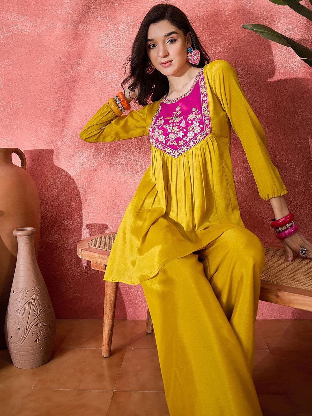 Sangria Women Ethnic Motifs Embroidered A-Line Kurta with Palazzo - view 1