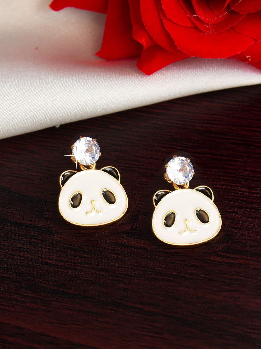 PRIVIU Gold-Plated American Diamond Studded Panda Face Studs - view 1