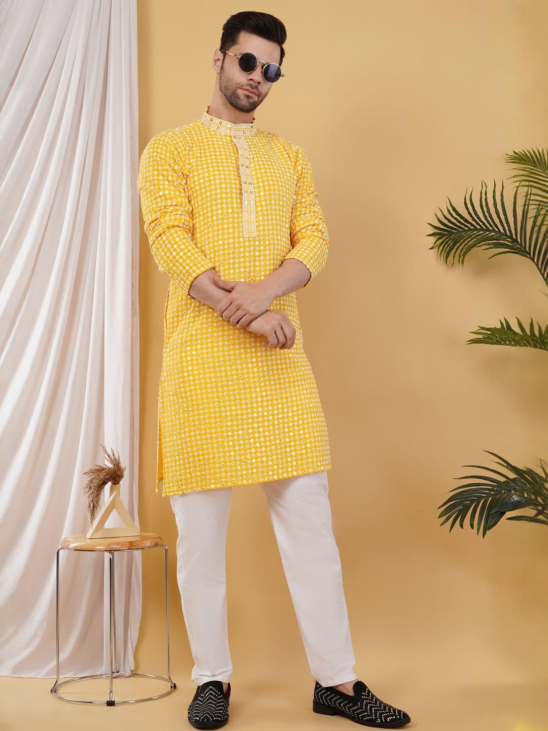 ADHIRAJAN Men Yellow Cotton Kurtas - view 1