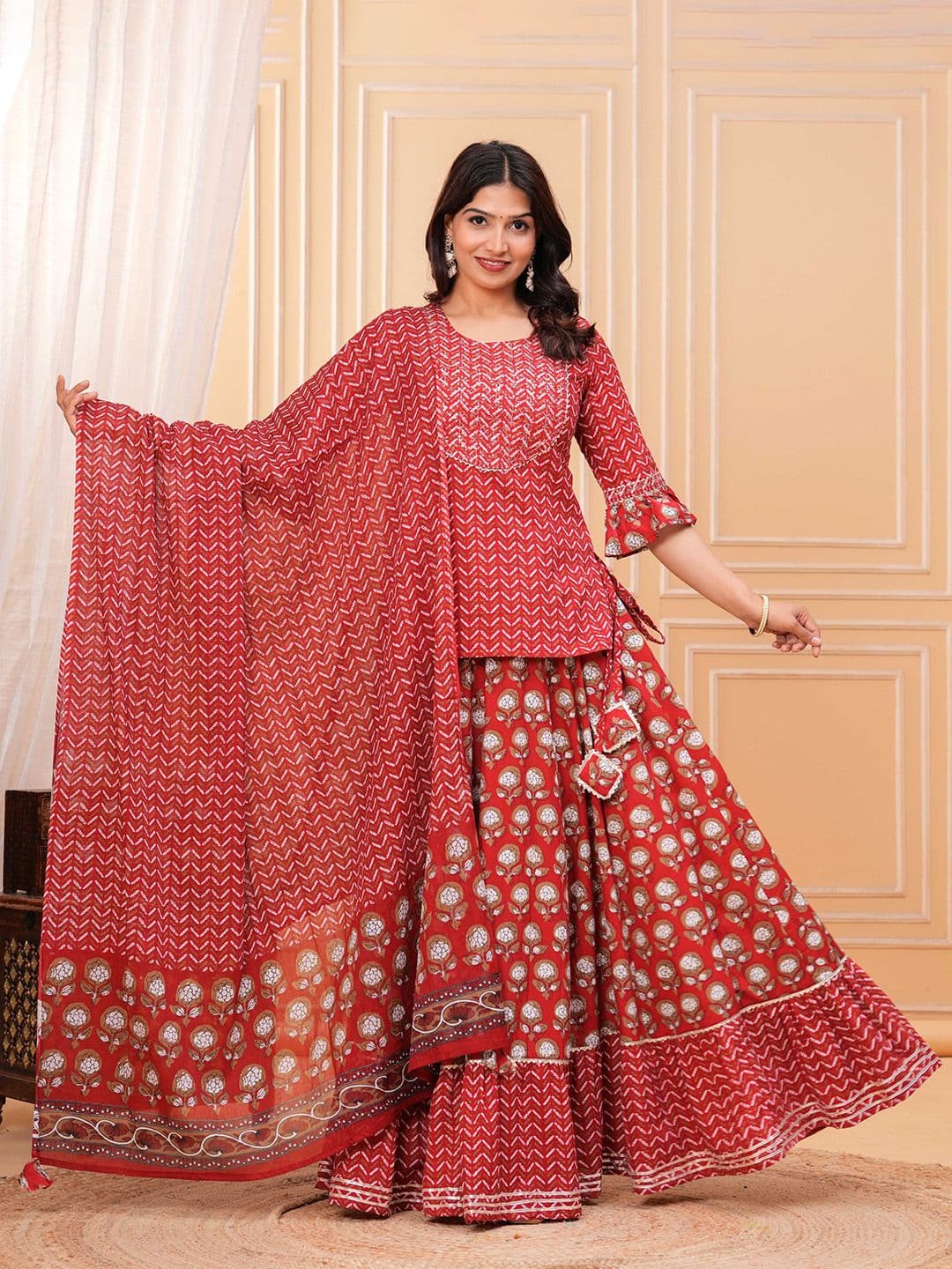 KALINI Women Floral Printed Regular Pure Cotton Kurti with Skirt & Dupatta - view 1