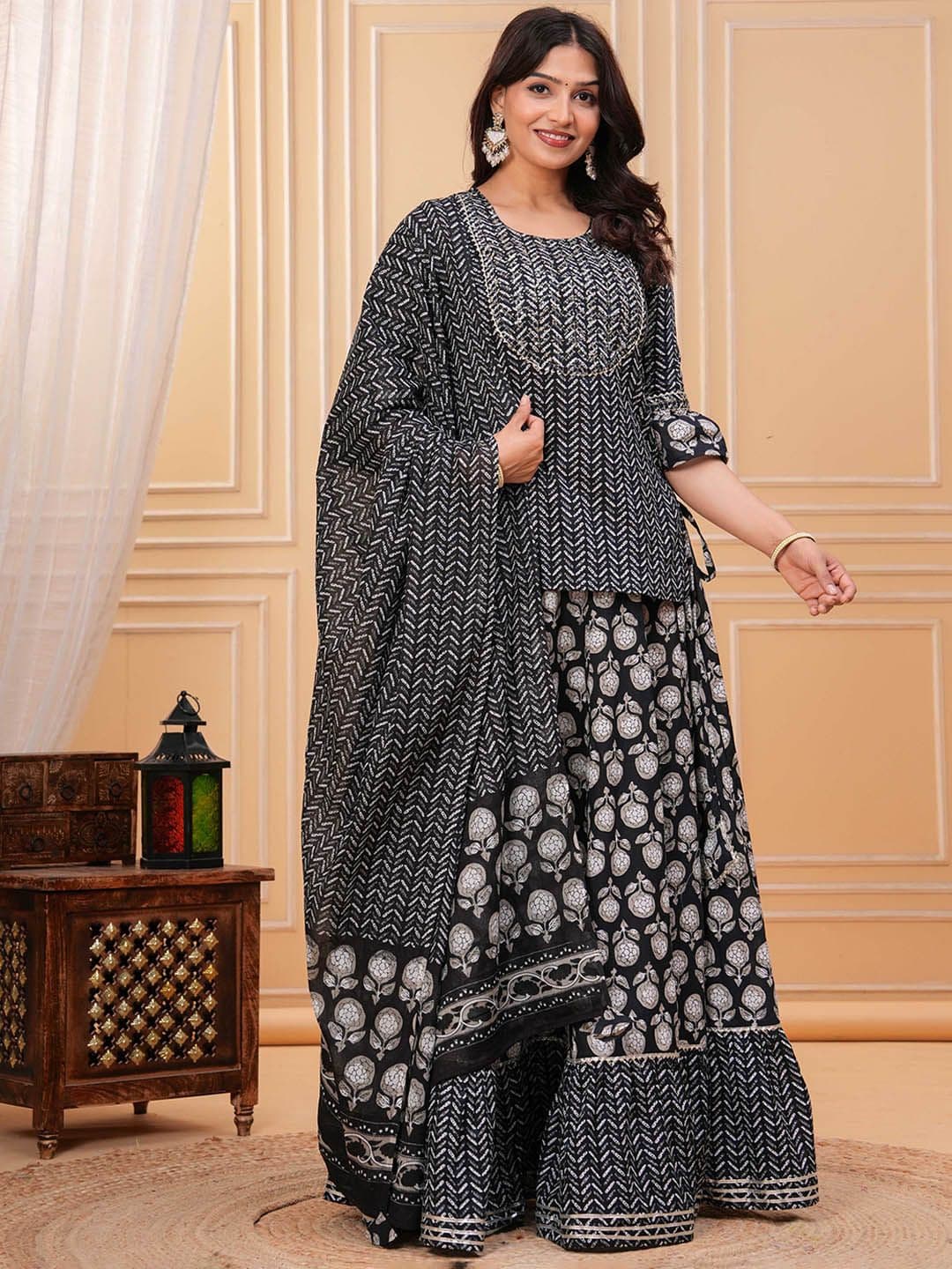 KALINI Women Ethnic Motifs Printed Cotton A-Line Kurti with Skirt & Dupatta - view 1