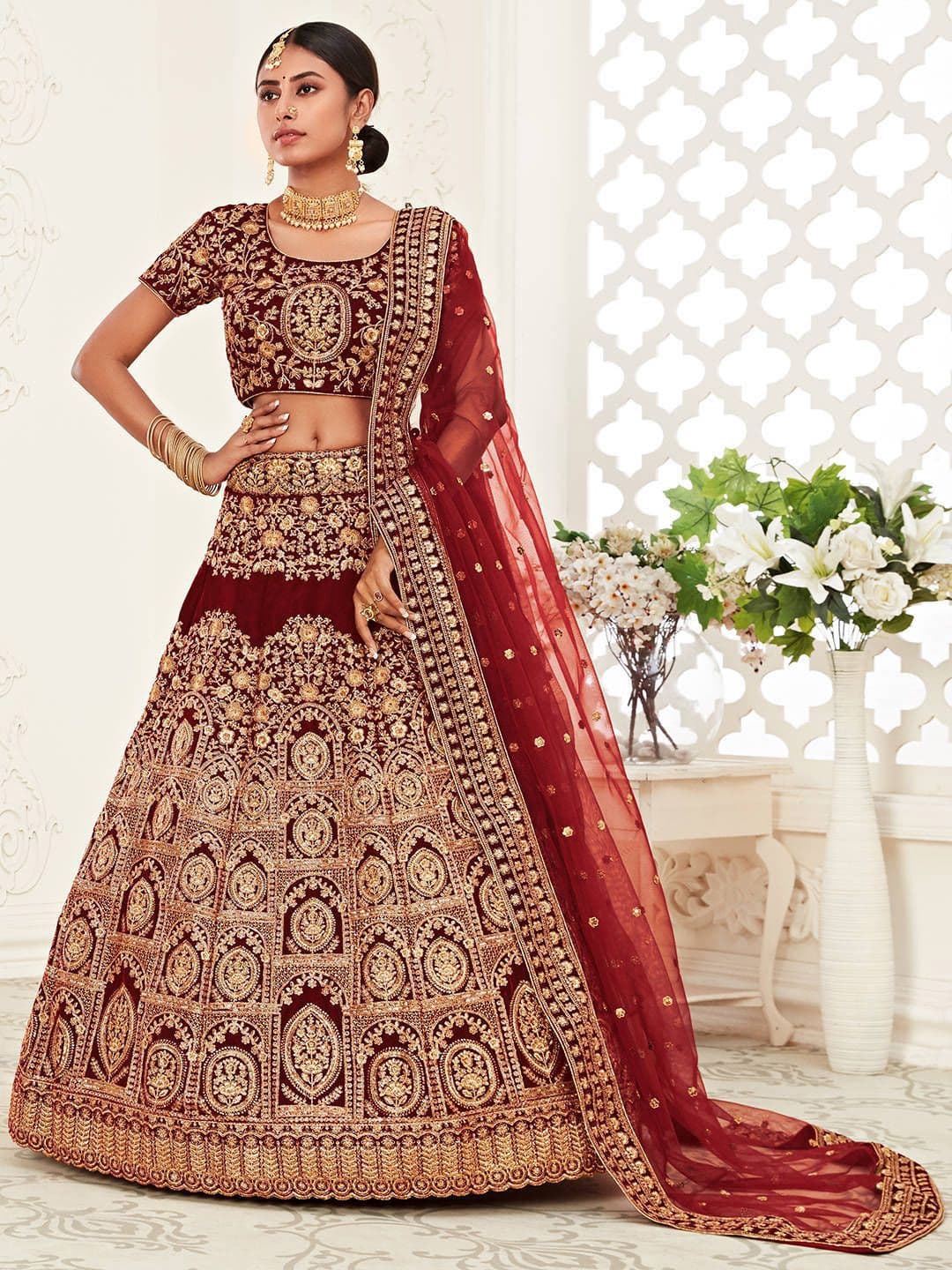 ETHNIC PLUS Embroidered Velvet Semi-Stitched Lehenga With Unstitched Blouse & Dupatta - view 1