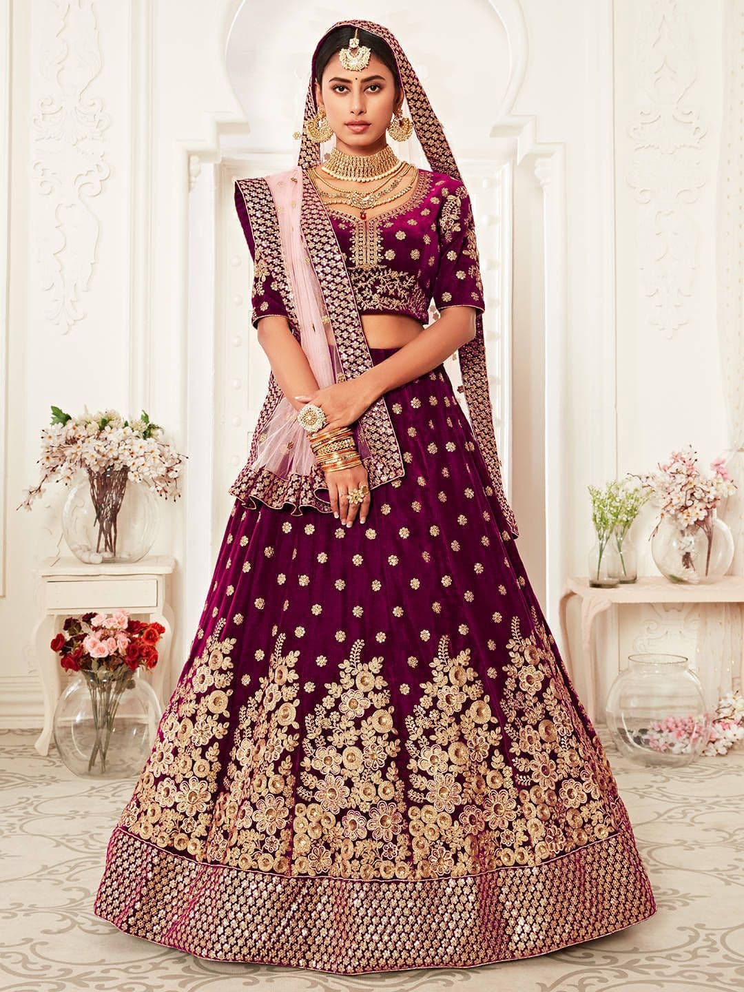 ETHNIC PLUS Purple Embroidered Velvet Semi-Stitched Lehenga With Unstitched Blouse & Dupatta - view 1