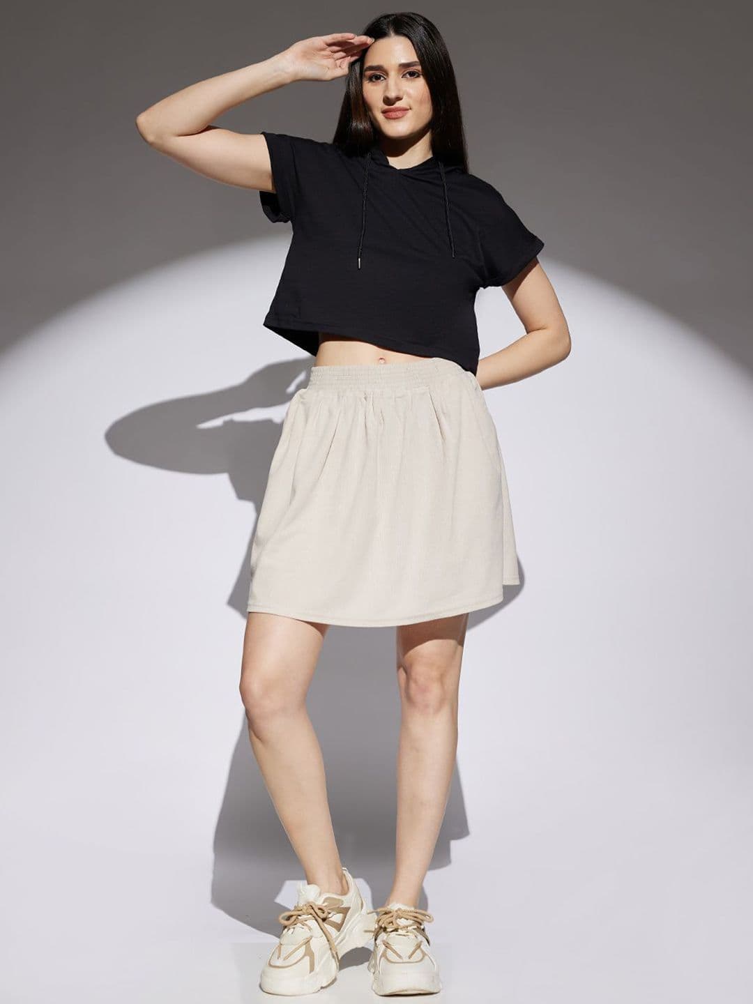 Globus Beige Self Design Smocked & Pleated Waist A-Line Mini Skirt - view 1