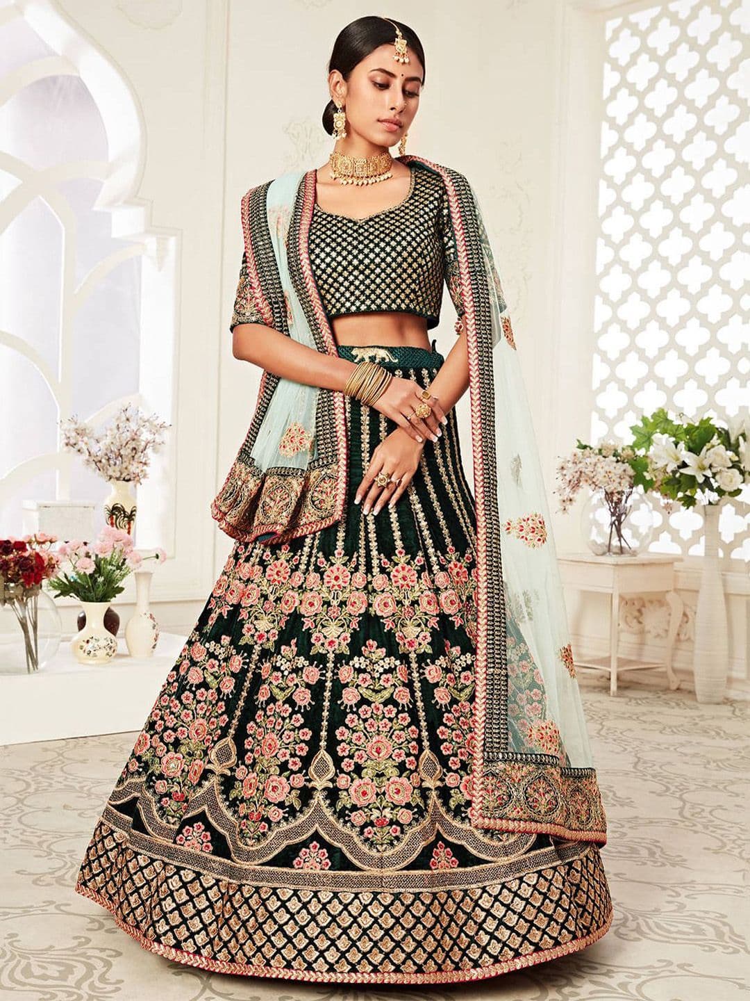 ETHNIC PLUS Green Embroidered Velvet Semi-Stitched Lehenga With Unstitched Blouse & Dupatta - view 1
