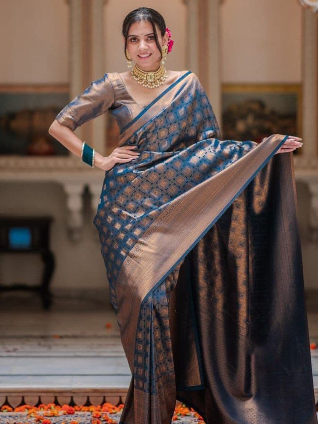 all about you Geometric Woven Design Zari Kanjeevaram Saree - view 1