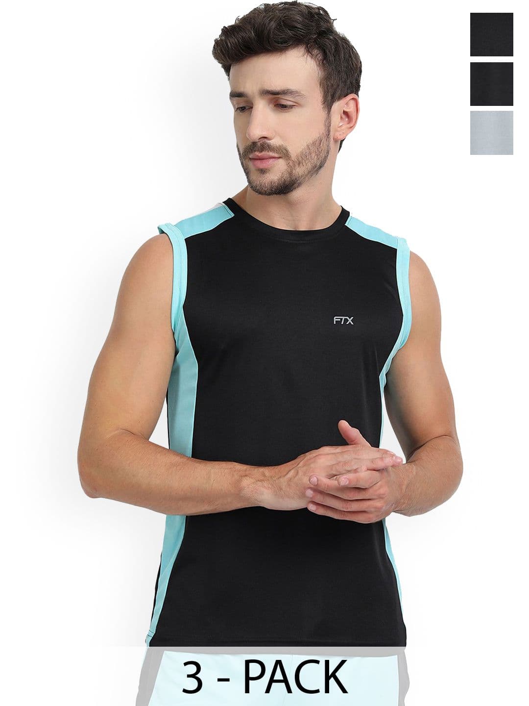 FTX Pack Of 3 Colourblocked Dry-Fit Round Neck Gym Vests 709-1_709-4_709-6-S - view 1