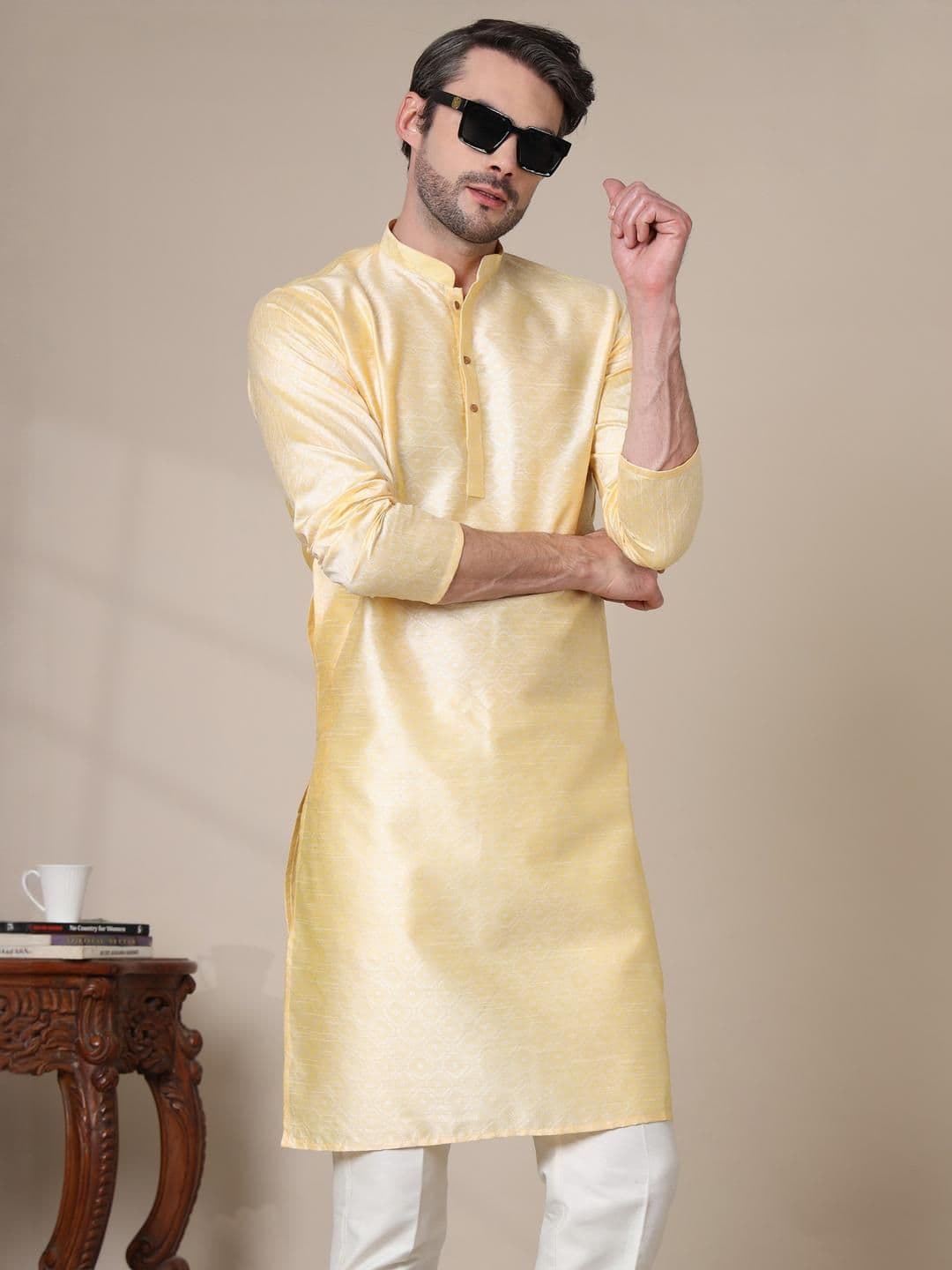 ADHIRAJAN Men Yellow Cotton Silk Kurtas - view 1