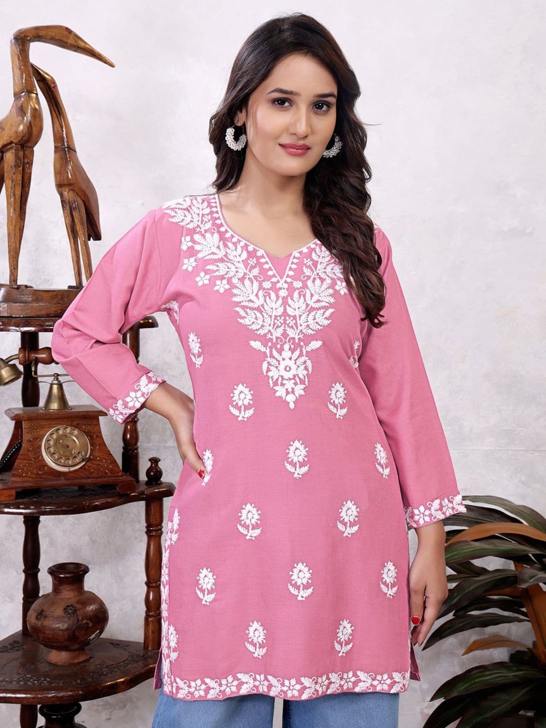RUDRA LIFESTYLE Floral Embroidered Thread Work Pure Cotton Thread Work Kurti - view 1