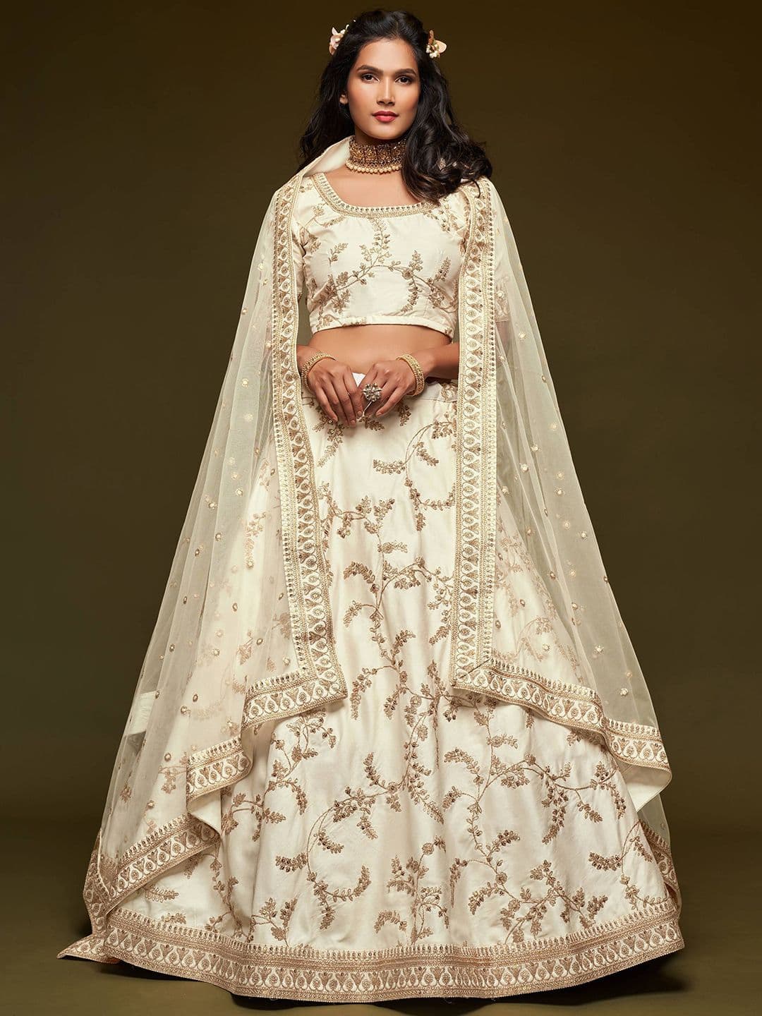 ETHNIC PLUS Embroidery White Embellished Semi-Stitched Lehenga With Unstitched Blouse & Dupatta - view 1