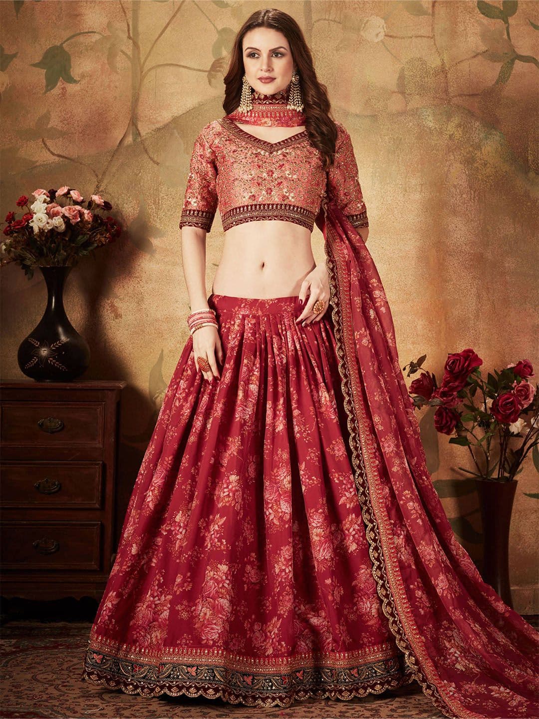 ETHNIC PLUS Embellished Sequinned Semi-Stitched Silk Lehenga & Unstitched Blouse & Dupatta - view 1