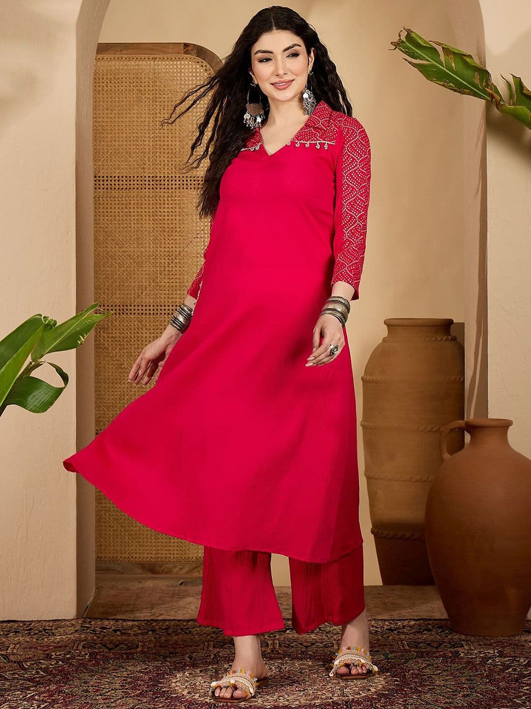 Sangria Bandhani Printed Shirt Collar Beads And Stones A-Line Kurta & Trouser - view 1