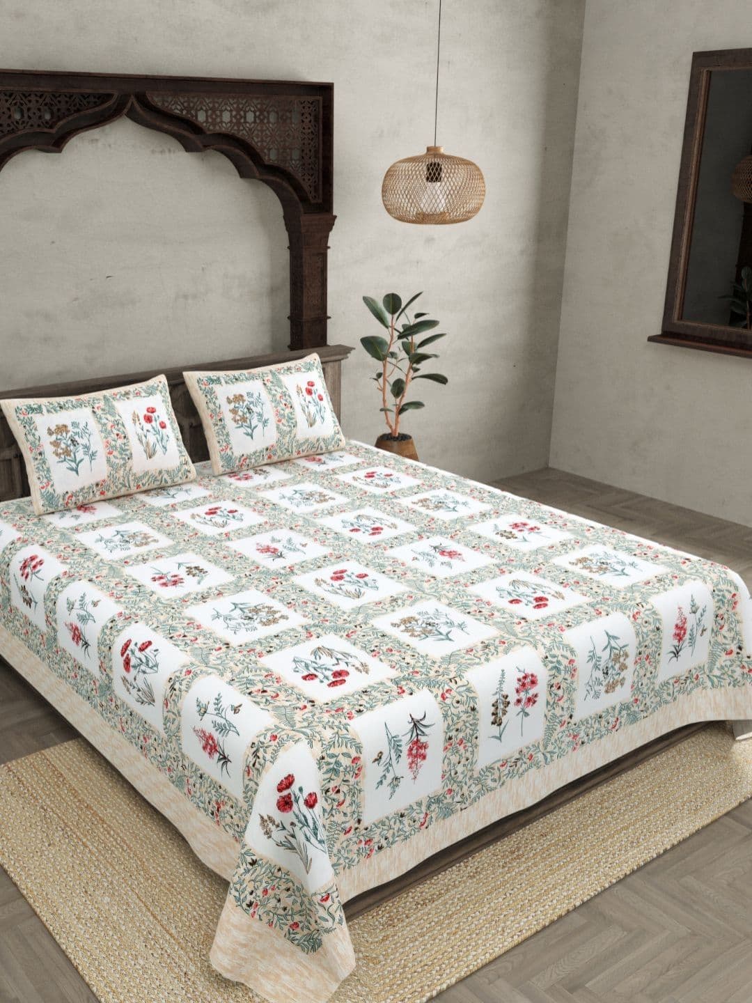 JAIPUR FABRIC Pink & White Floral Cotton 180 TC Double King Bedsheet Set-2.74mx2.28m - view 1