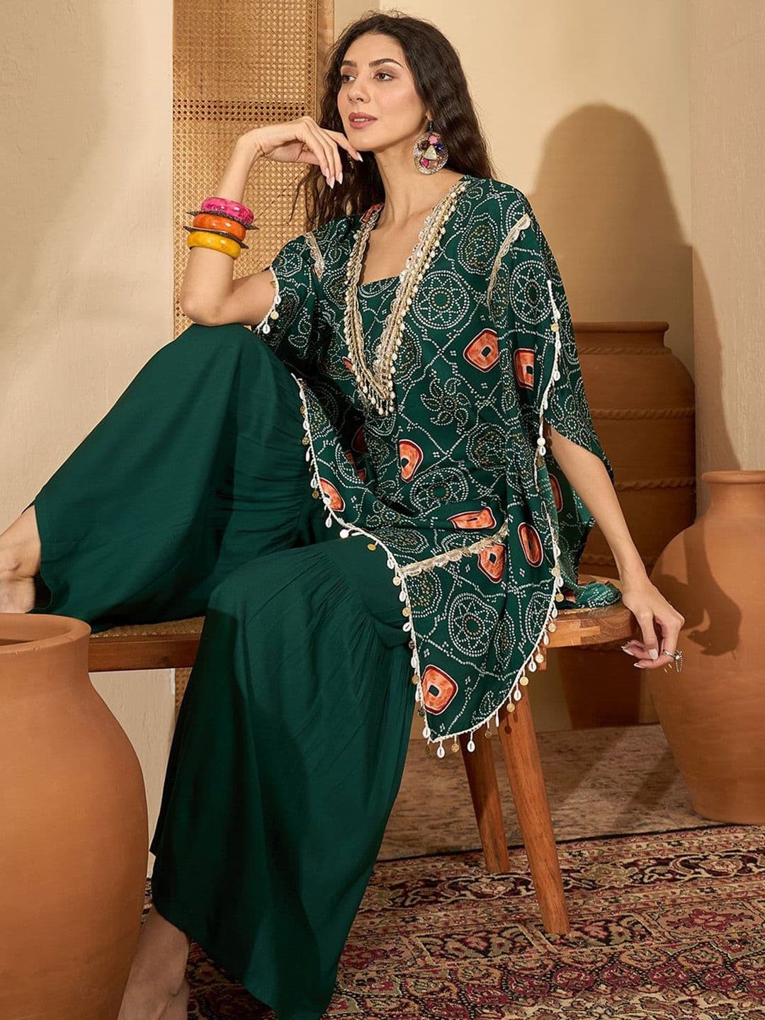 Sangria bandhani Printed Square Neck Beads And Stones Kaftan Kurti With Sharara - view 1