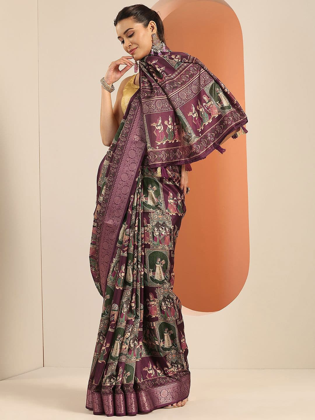 Libas Burgundy Kalamkari Printed Silk Blend Saree With Unstitched Blouse Piece - view 1