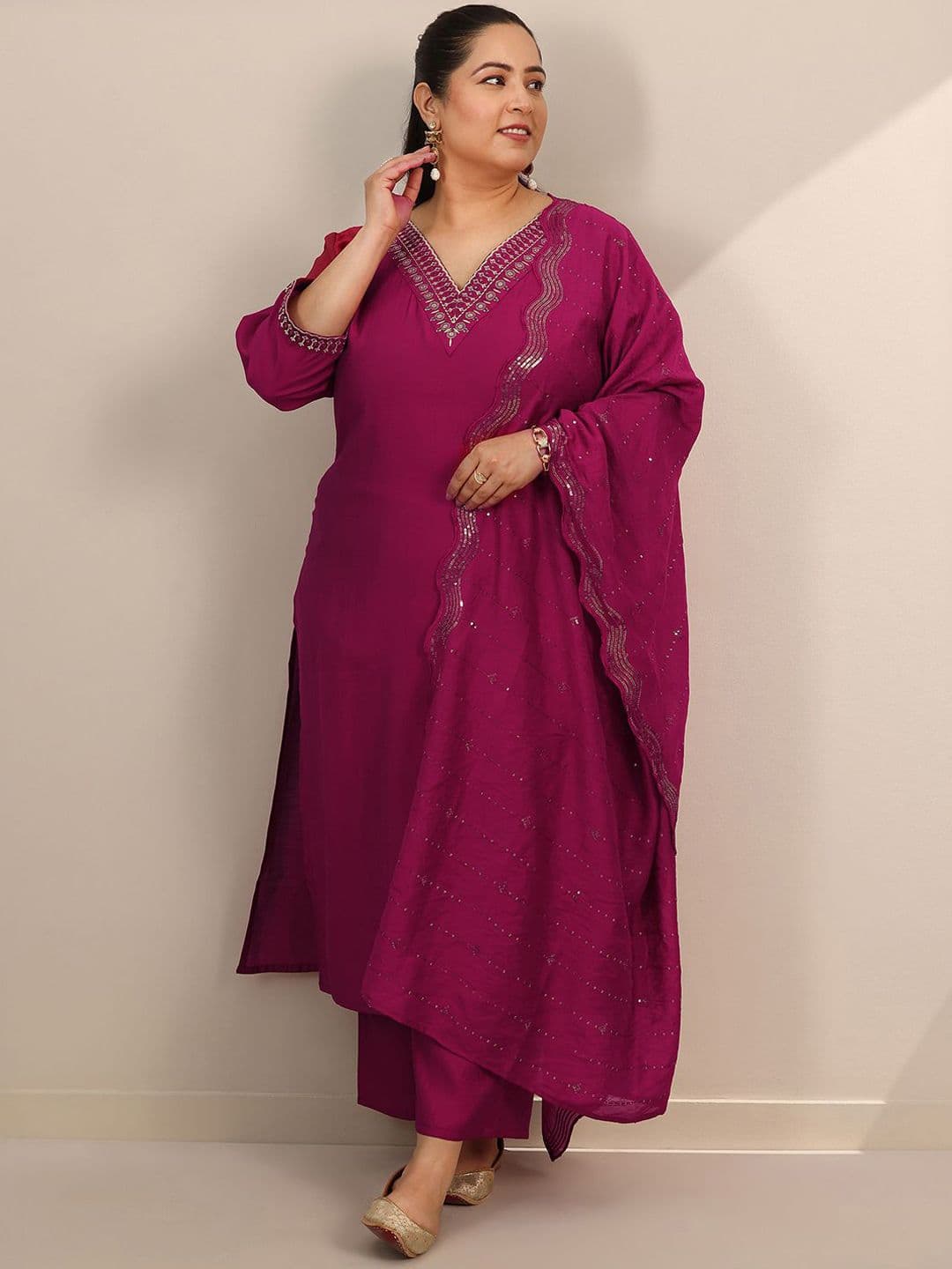 EXTRA LOVE BY LIBAS Women Plus Size Yoke Design Regular Kurta with Palazzos & Dupatta - view 1