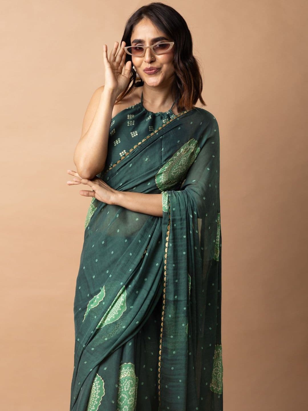 KALINI Bandhani Printed Gotta Patti Chiffon Block Print Saree - view 1