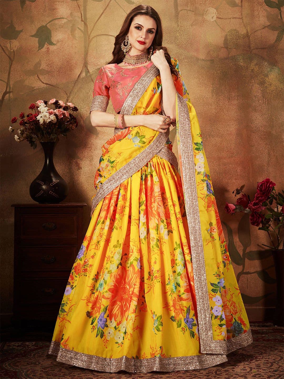 ETHNIC PLUS Sequinned Zari Printed Organza Lehenga Choli With Dupatta - view 1