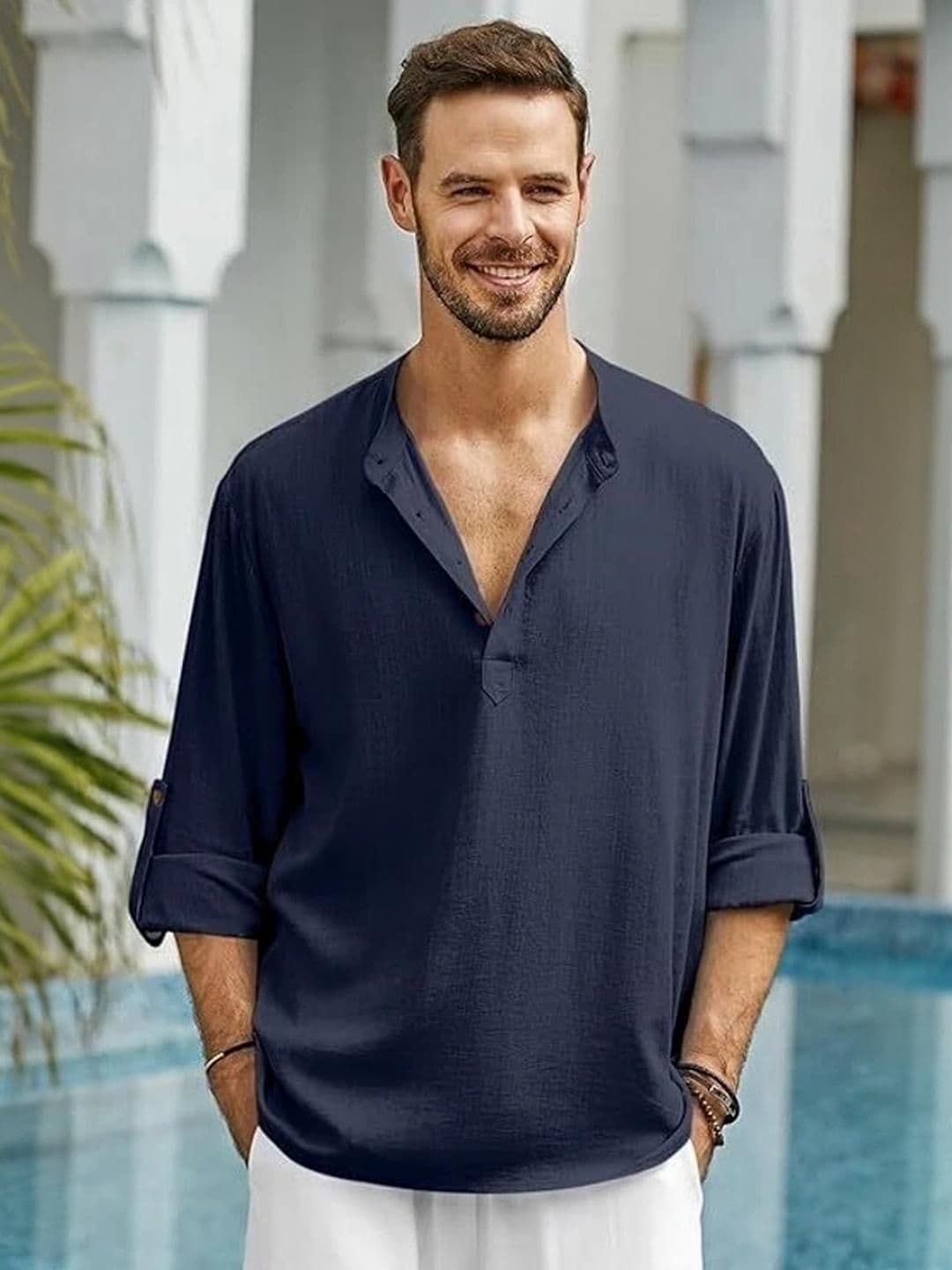 Edin Men Navy Blue Straight Blended Kurtas - view 1