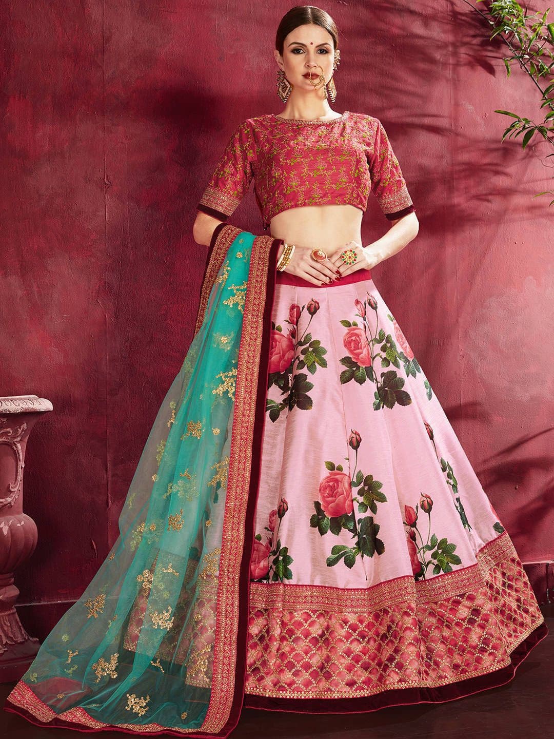 ETHNIC PLUS Sequinned Embroidered Printed Silk Lehenga Choli With Dupatta - view 1