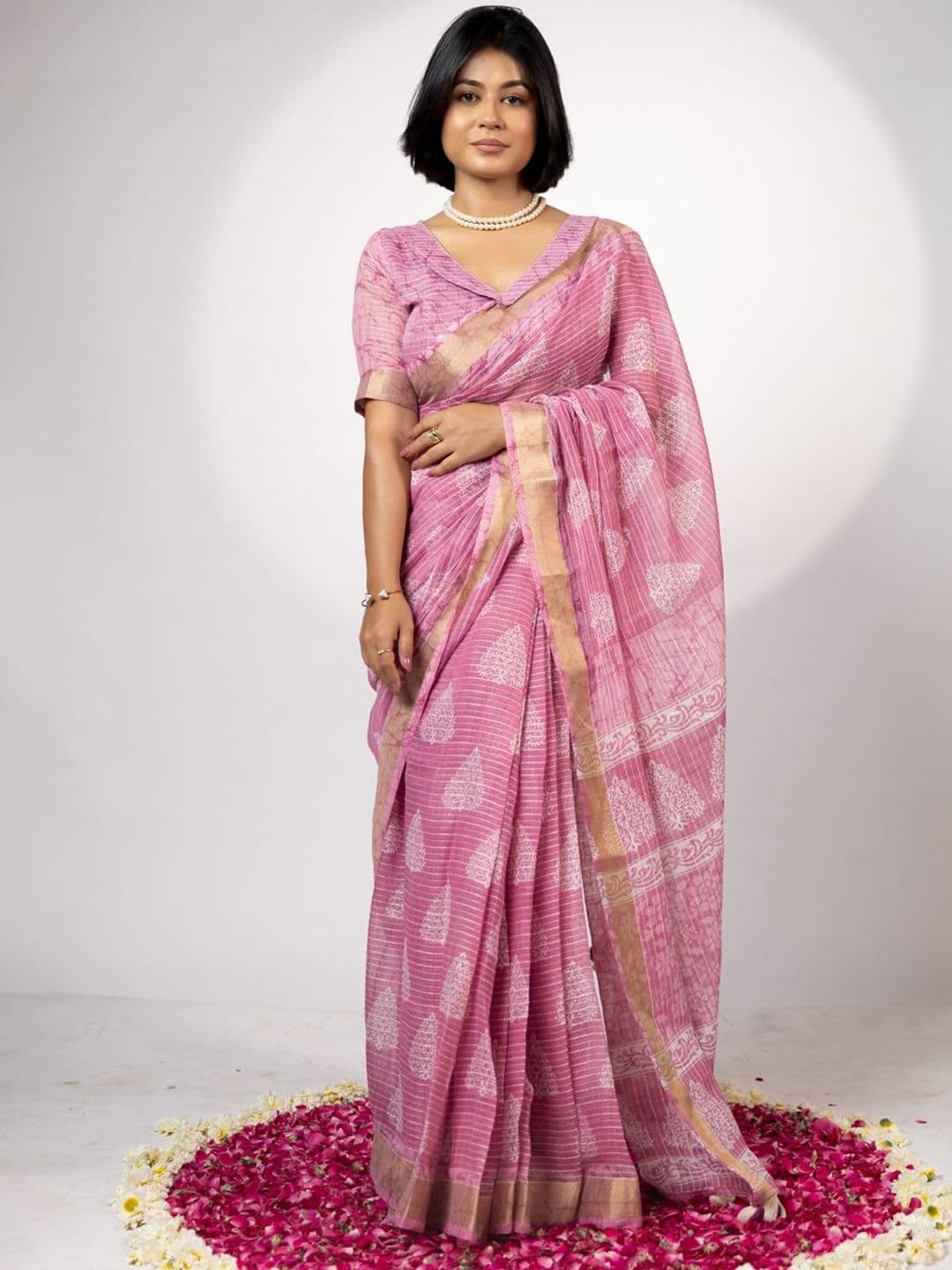 KALINI Ethnic Motifs Zari Block Print Saree - view 1