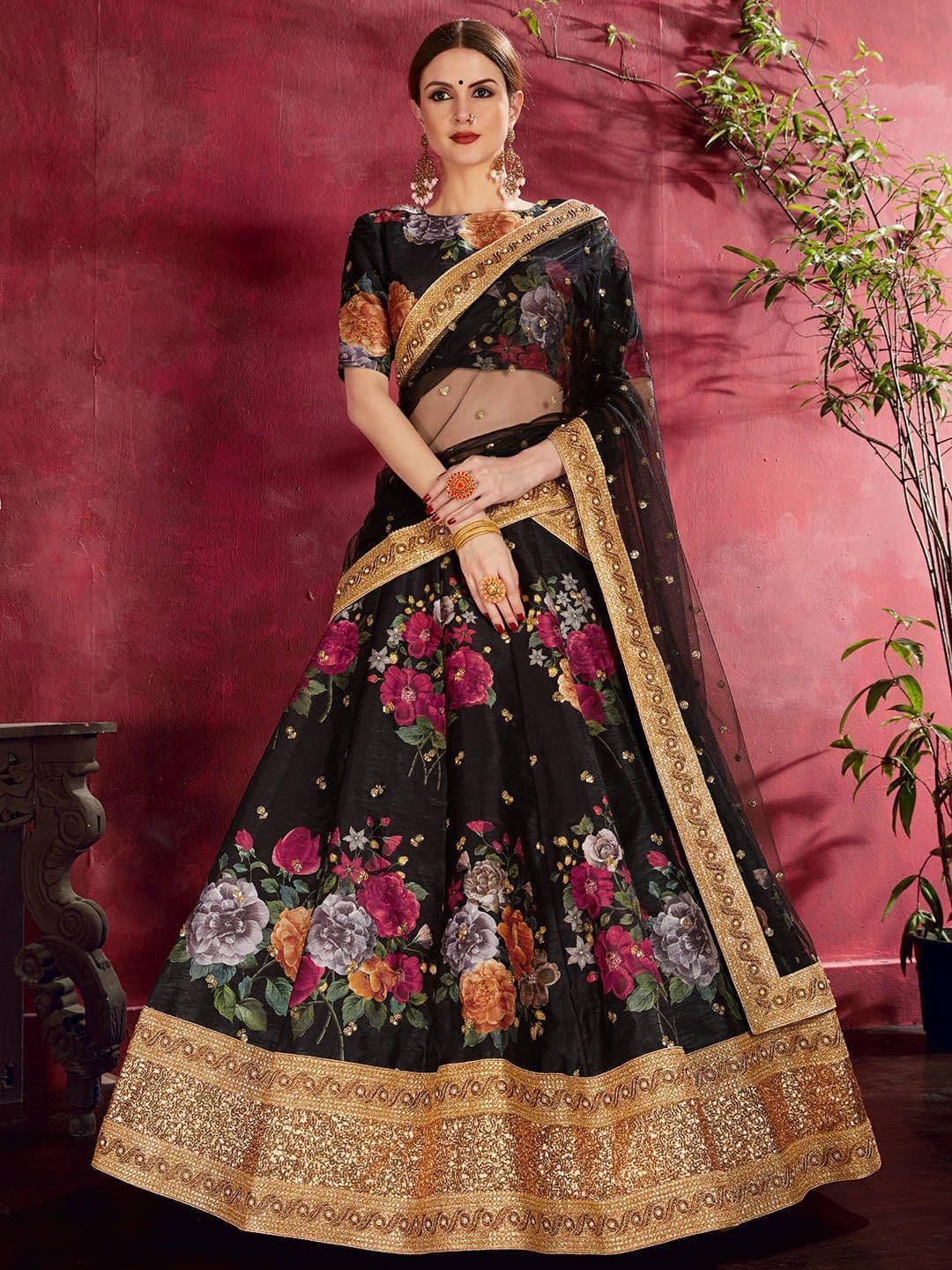 ETHNIC PLUS Black Printed Sequinned Semi-Stitched Silk Lehenga & Unstitched Blouse & Dupatta - view 1