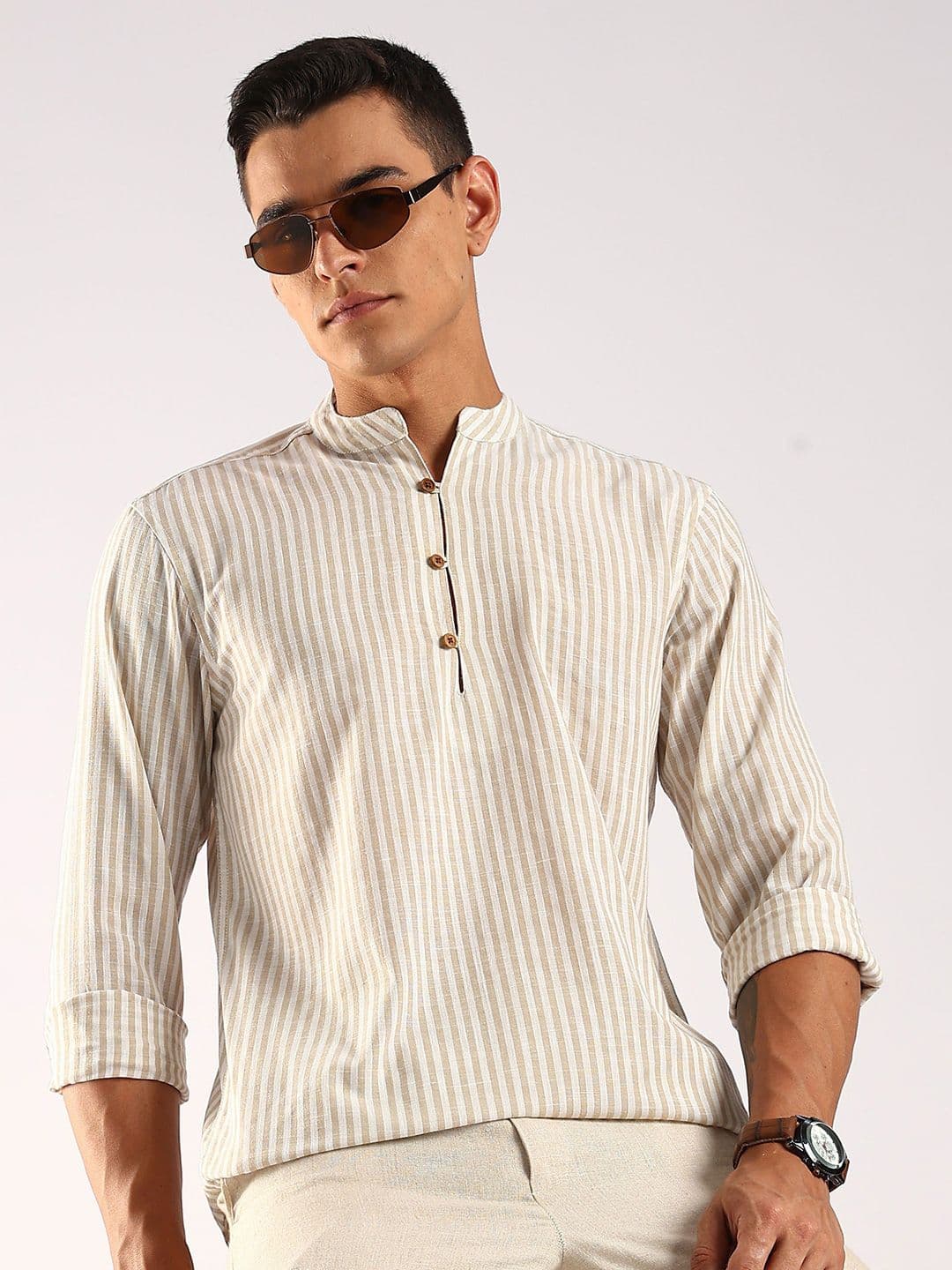 HERE&NOW Men Striped Daily Cotton Straight Kurta - view 1
