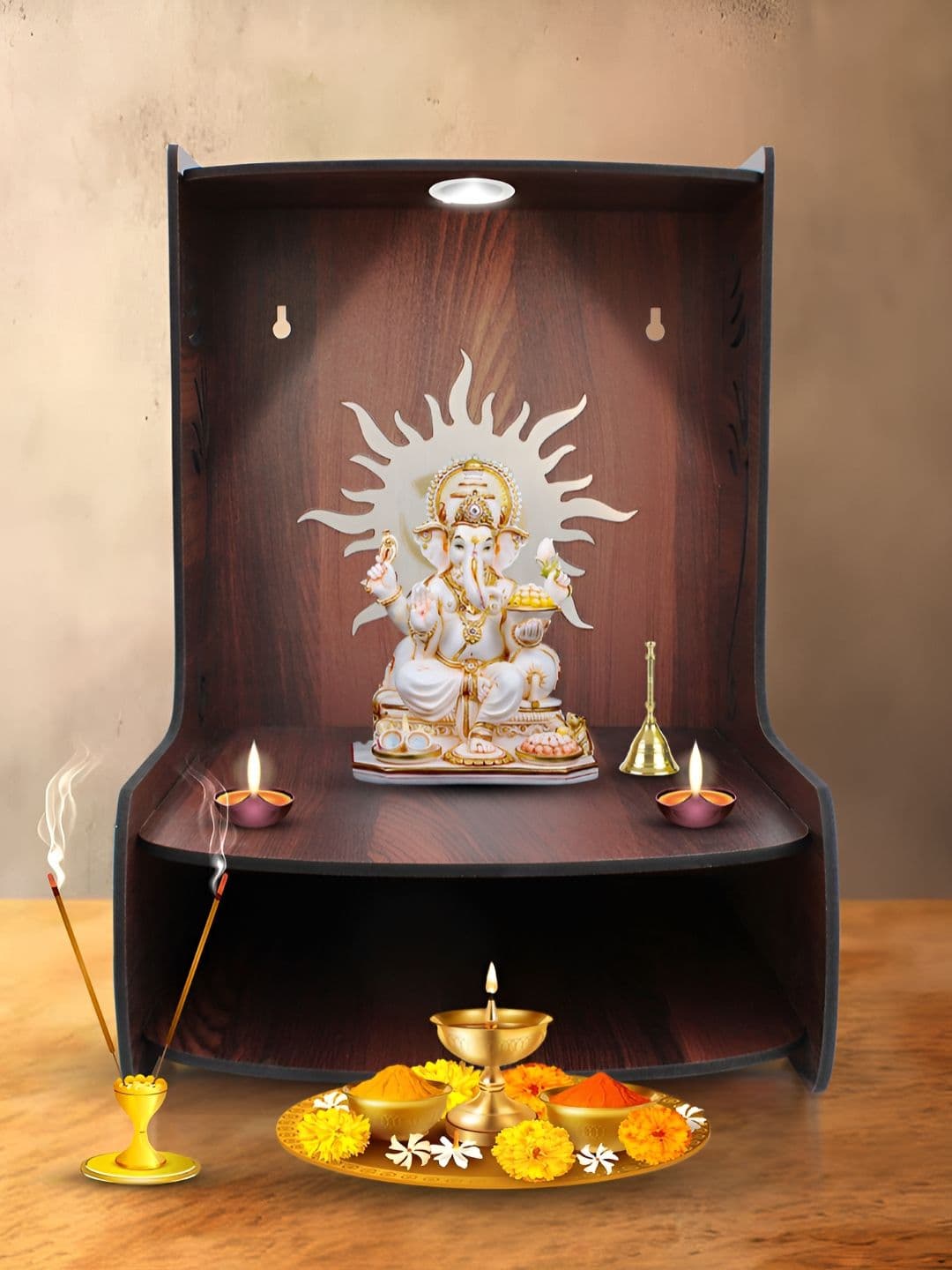 OLIVE TREE Brown Textured Wooden Home Temple - view 1
