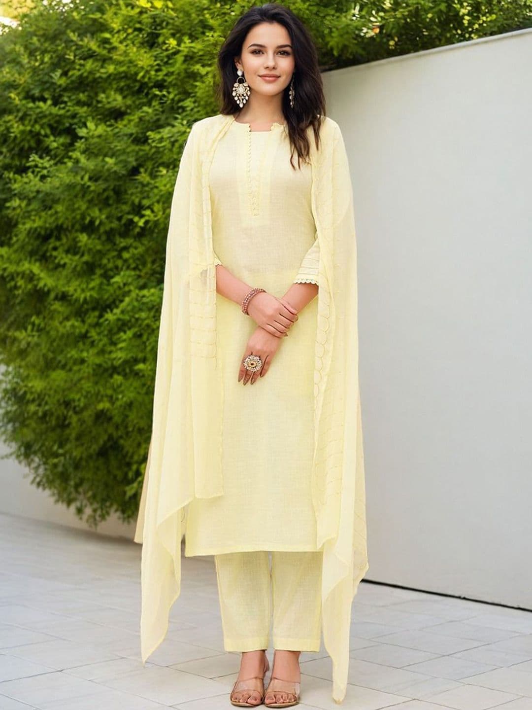 SZN Linen Notch Neck Straight Kurta With Trousers And Dupatta - view 1