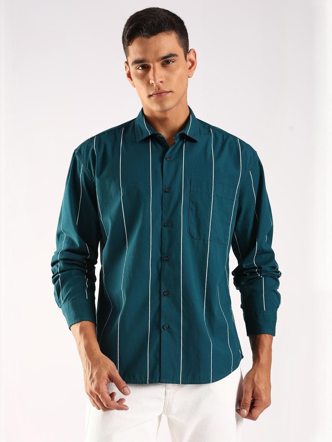 HERE&NOW Men Vertical Striped Spread Collar Cotton Casual Shirt - view 1