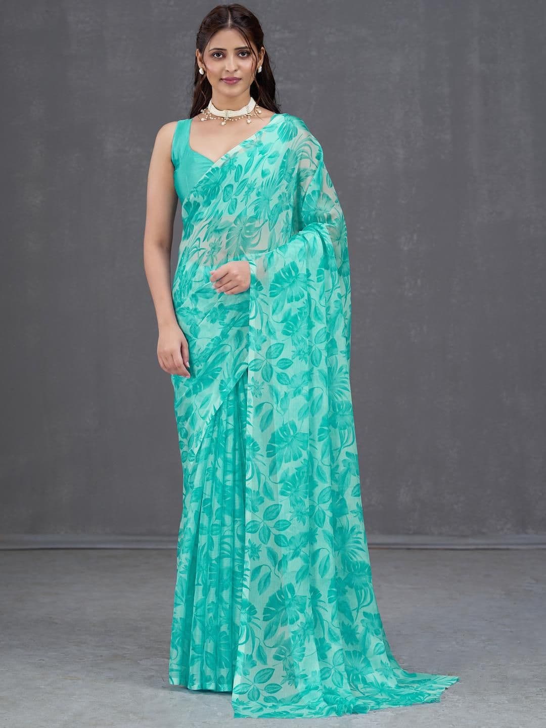 Garden Vareli Floral Print Pure Chiffon Saree with Satin Unstitched Blouse Piece - view 1