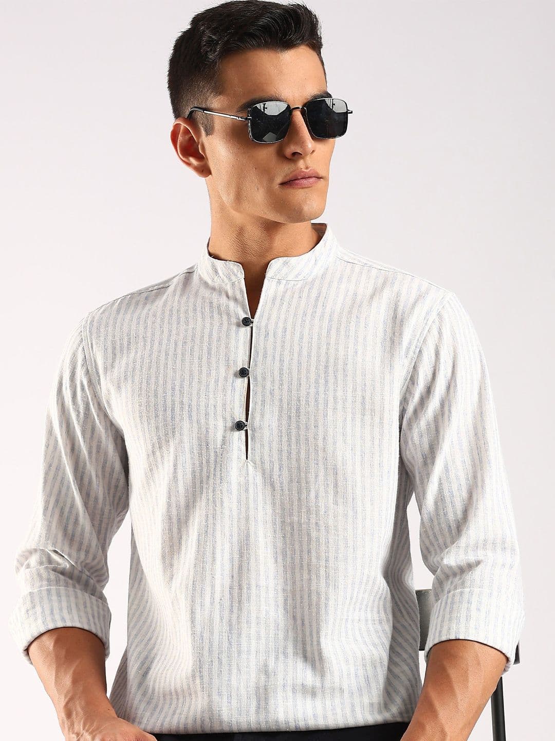 HERE&NOW Striped Mandarin Collar Straight Kurta - view 1