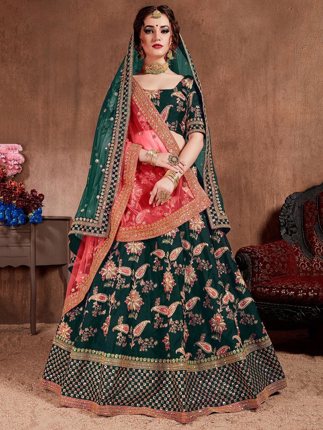 ETHNIC PLUS Green Embroidered Sequinned Silk Semi-Stitched Lehenga & Blouse With Dupatta - view 1