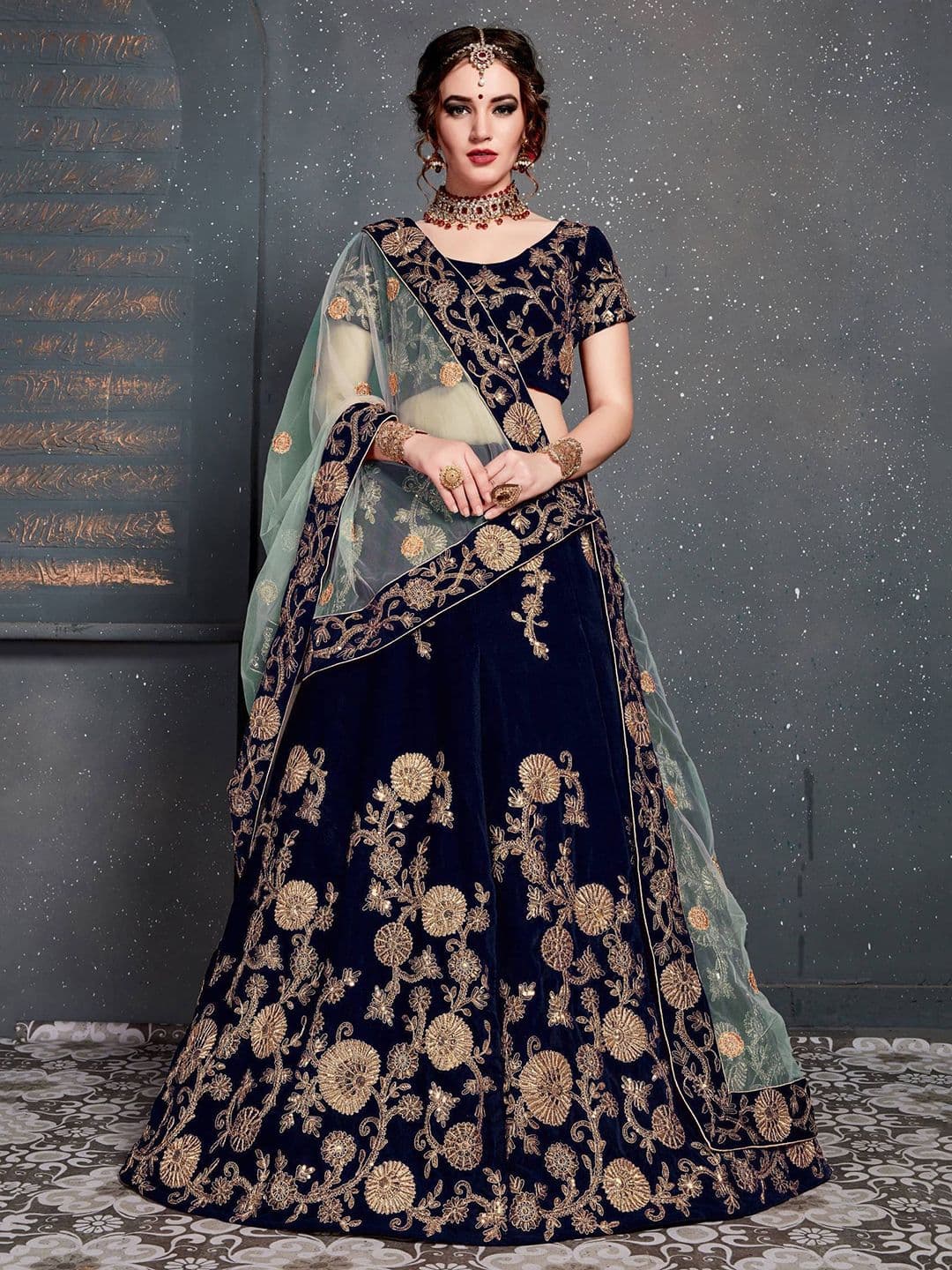 ETHNIC PLUS Sequinned Embroidered Velvet Lehenga Choli With Dupatta - view 1