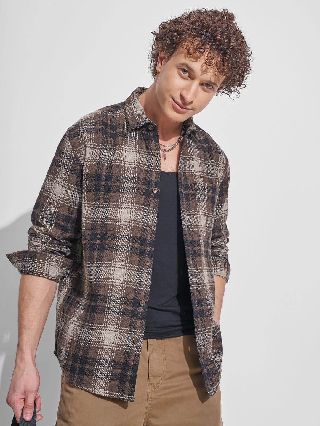 HIGHLANDER Relaxed Fit Checked Textured Dobby Weave Cotton Casual Shirt - view 1