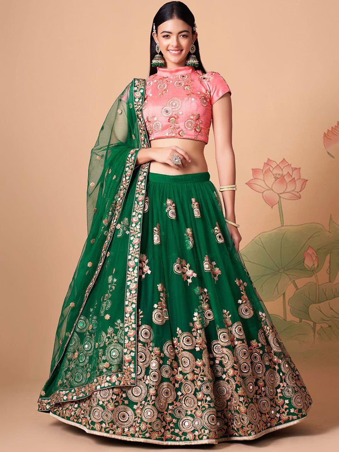ETHNIC PLUS Green Embroidered Sequinned Net Semi-Stitched Lehenga & Blouse With Dupatta - view 1
