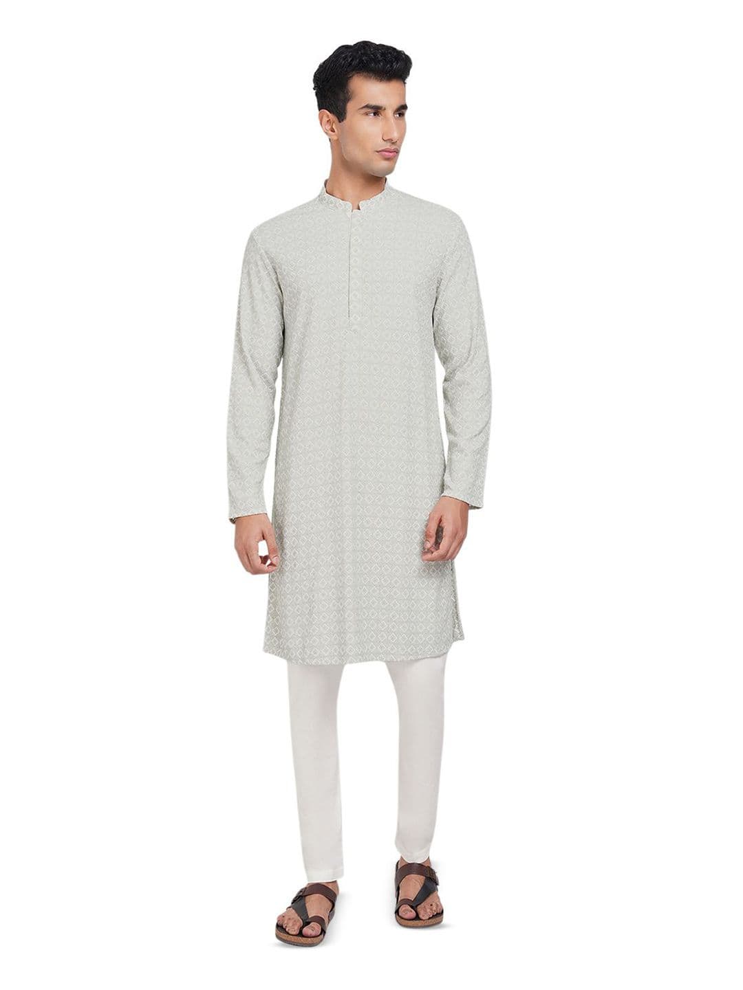 indus route by Pantaloons Geometric Printed Mandarin Collar Pure Cotton Straight Kurta - view 1